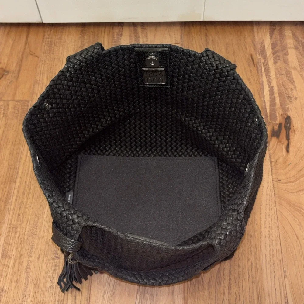NWOT 120% Lino Italian Black Woven Handbag Mini Tote Logo Tassel